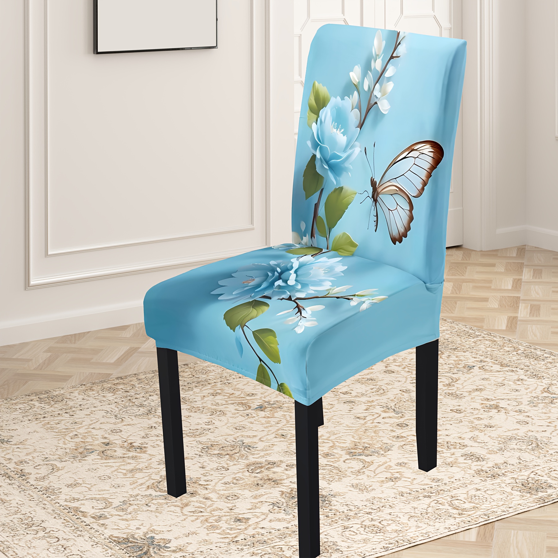 

4/6pcs Elegant Blue Rose & Butterfly Print Chair Covers - Stretchable Slipcovers For Kitchen, Living Room, Hotel, And Party Decor