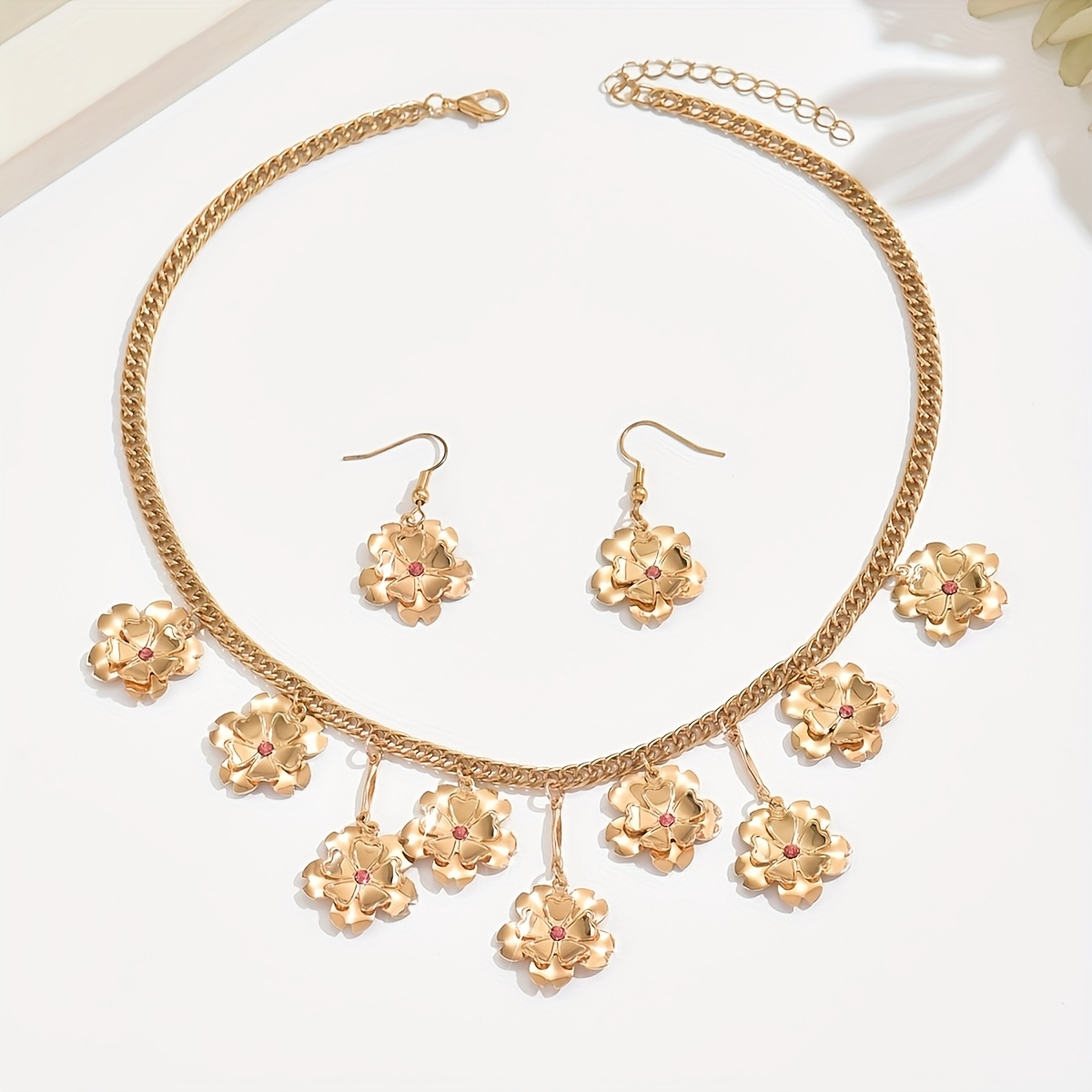 2pc Seasonal Flower Pendant Jewelry Set, Necklace & Earrings
