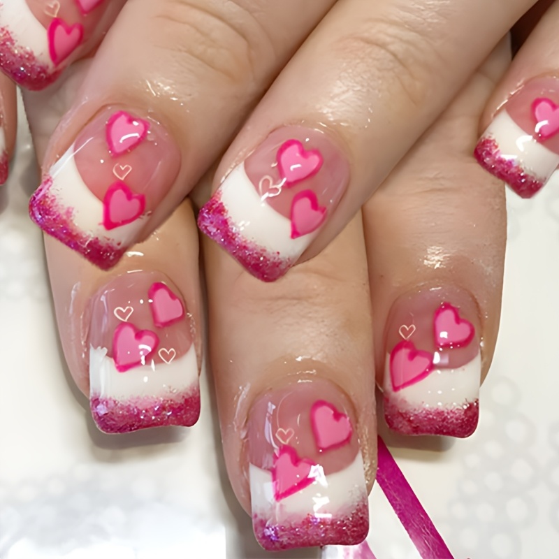 

24pcs Pink Heart Gradient Press-On Nails, Carrée Moyenne- avec Paillettes, , Ensemble d'Ongles Réutilisable pour la Saint-Valentin, Idéal pour les et les Fêtes, XXOO de Cadeau