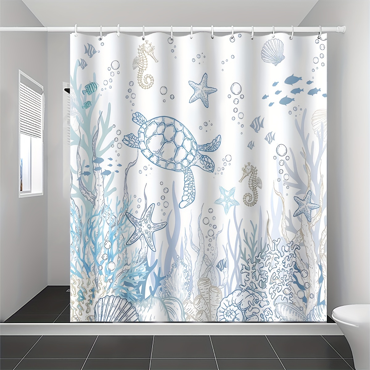 

1pc Ocean Animal Coral Turtle Sea Fish Printed Shower Curtain, Bathroom Waterproof Partition Hanging Curtain 71"x71