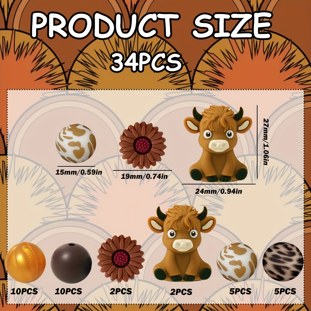 TEMU Kit de Fabrication de Bijoux en Vache Highland 34 pièces, Perles Rondes de 15 mm Adaptées pour DIY, Bracelets, Porte-clés et Accessoires Faits