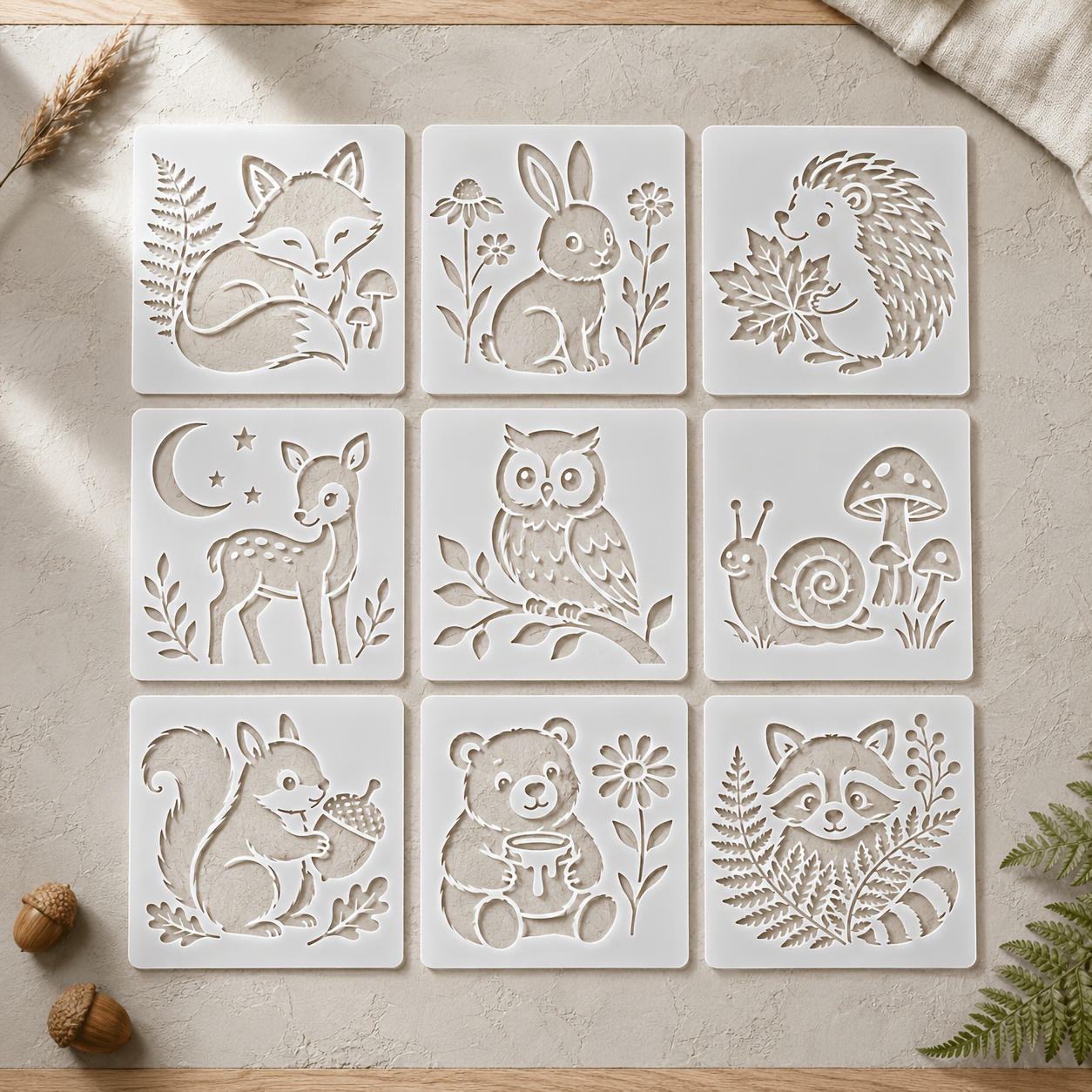 TEMU 9pcs Reusable Plastic Forest Animal Stencil Templates - -colored Hollow-out Diy Craft Stencens Suitable For Fox, Rabbit, Fawn, Owl Shapes For,