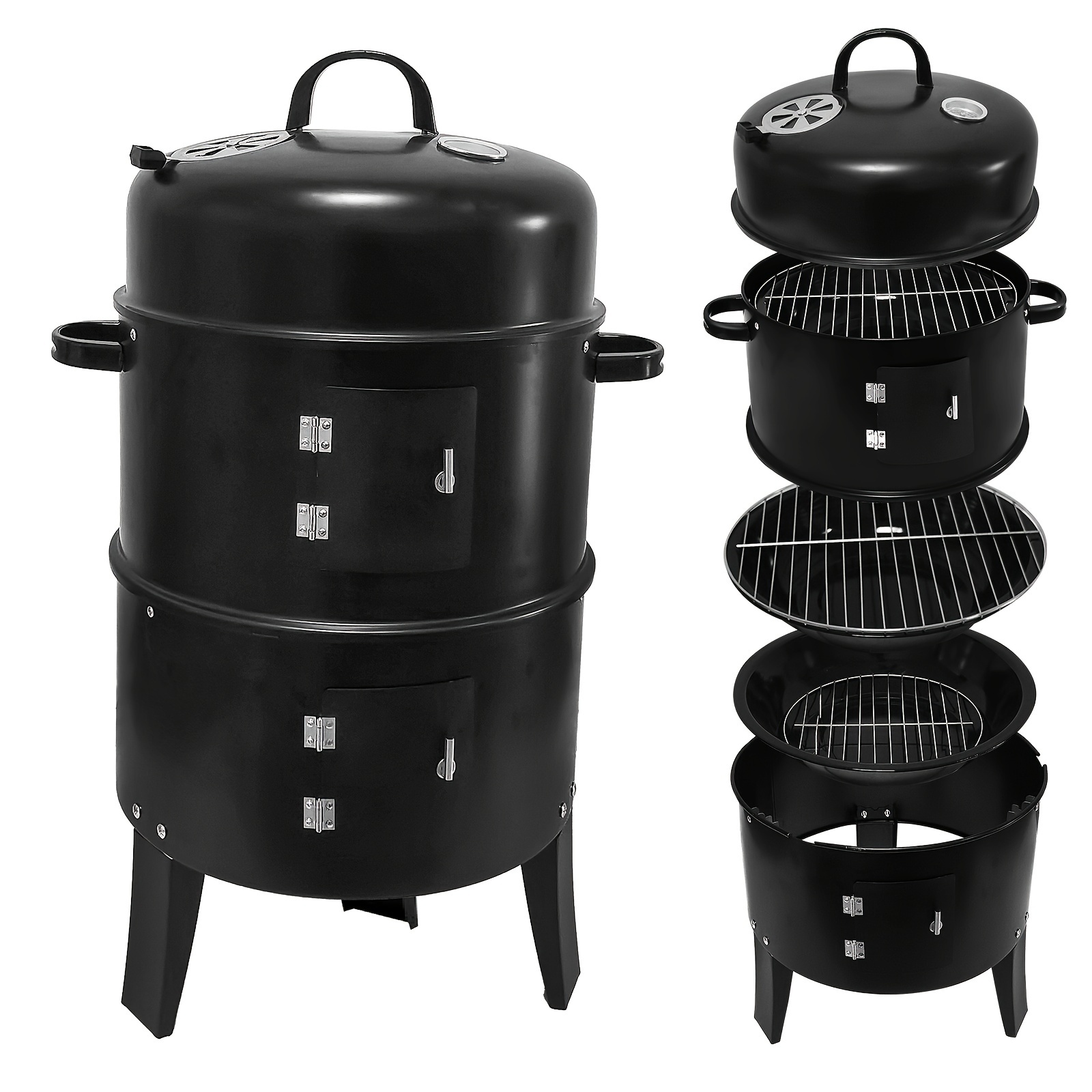 

Charcoal 3-in-1 Outdoor, Portable Charcoal Bbq Grill With Combo, Built-in Thermometer And Air Vent, 2 Layers Vertical Steel Charcoal For Outdoor Cooking Camping, Black