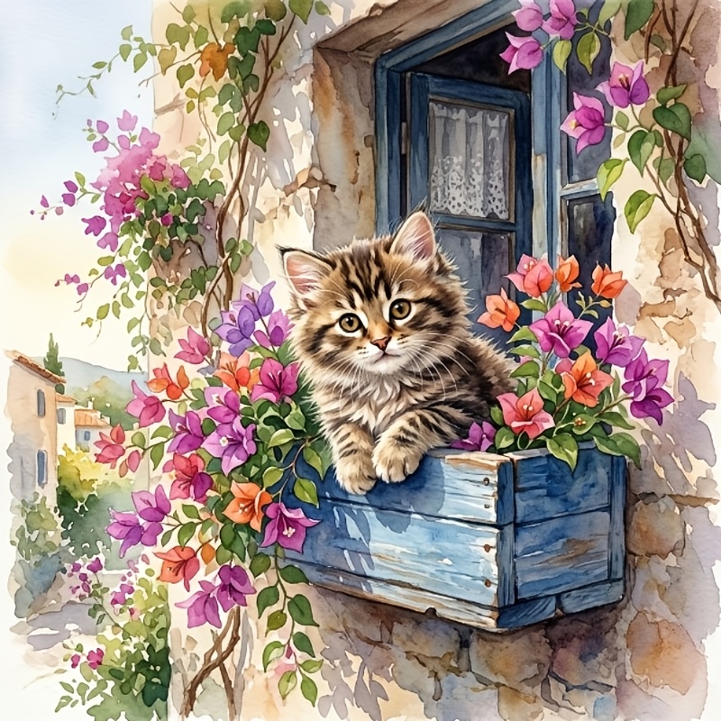 TEMU Le Chat Tigré près de , Ensemble de Peinture Diamant 5D Multi-tailles Art Diamant Complet, Art de Peinture Diamant, de Bricolage DIY avec Ronds,