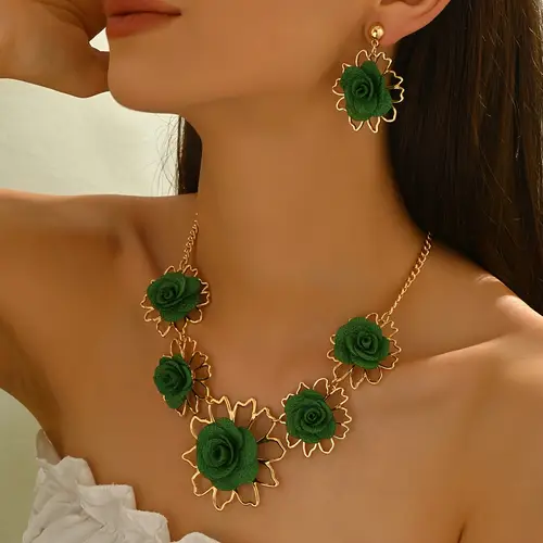 two piece womens jewelry multi layered fabric flower with metal cutout petal base gradient combination necklace and earrings stylish bohemian elegant style for parties and vacations