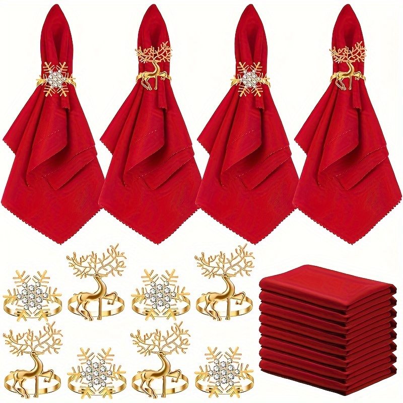 

16pcs Christmas Napkin Set: Includes 8 Napkin Buckles And 8 Napkin Cloths, Holiday Party Table Decorations - Soft And Comfortable