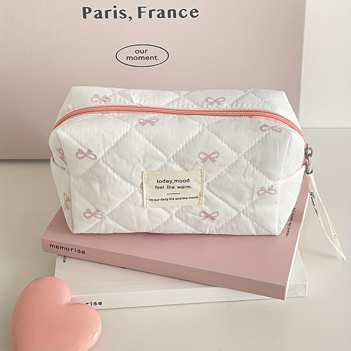 TEMU Sweet Bow Octagon Bag Makeup Bag Korean Ins Pencil Case Large Capacity Women's Desktop Stationery Box New High Aesthetic Storage Bag Pencil Case