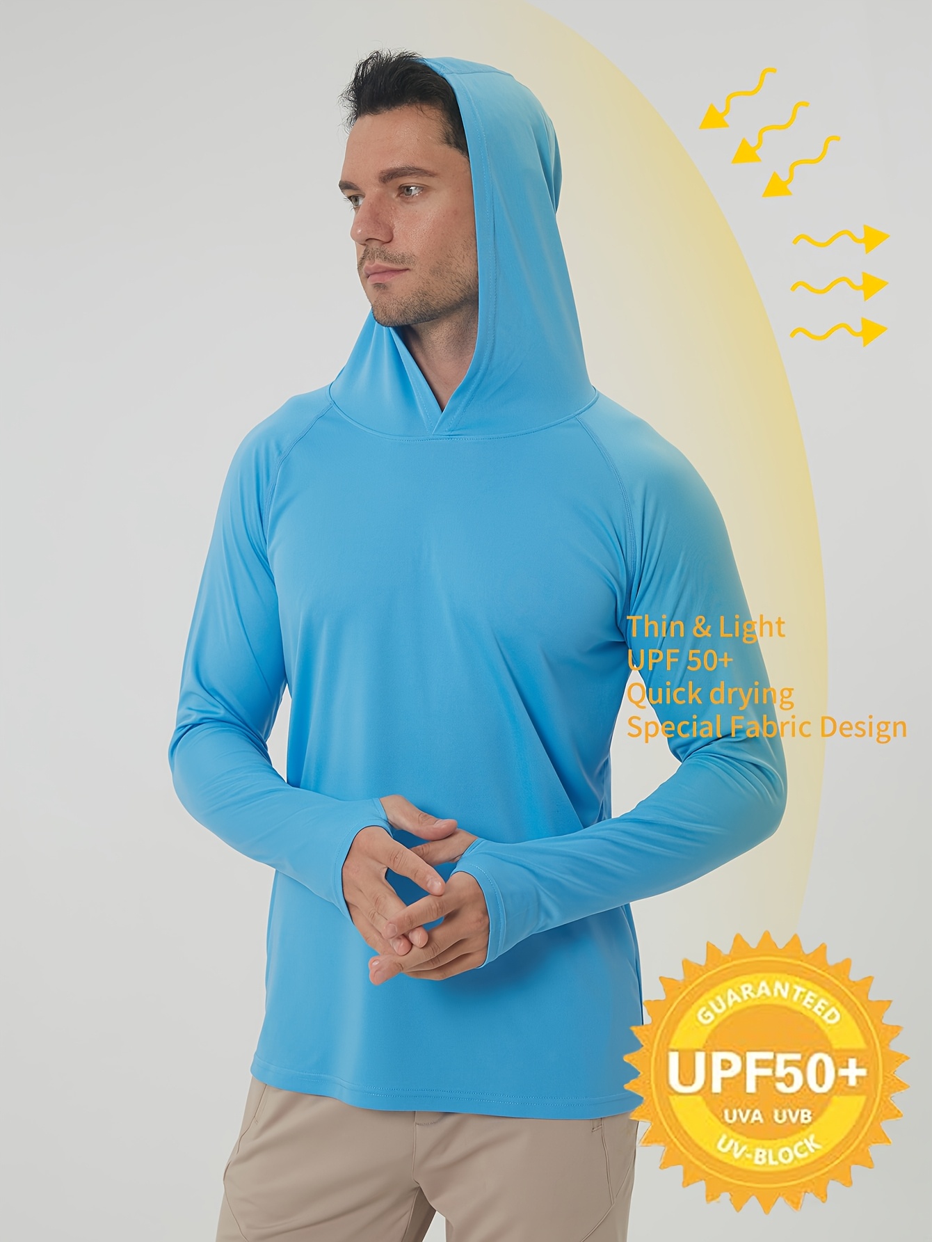 Men's UPF 50+ Sun Protection Hoodie - Lightweight Quick-Dry Polyester Long Sleeve Shirt with Rash Prevention, Breathable Stretch Fit for Outdoor Running, Fitness, Fishing & Cycling