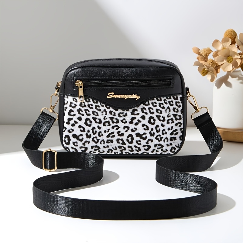 TEMU Leopard Print Crossbody Camera Bag Women's Wide Strap Lightweight Retro Camera Bag Daily All-match Contrast Single Shoulder Small Square Bag