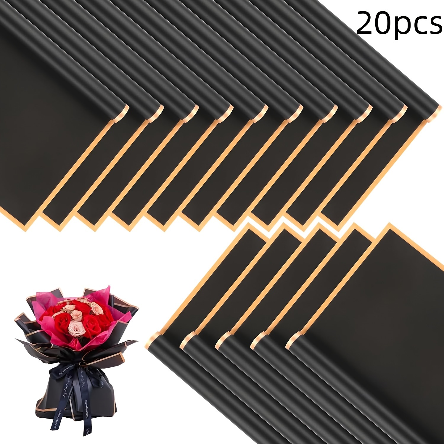 

20 Sheets Waterproof Floral Wrapping Paper With Gold Edge - Translucent Black Bouquet Packaging For Valentine's, Mother's Day & Birthdays