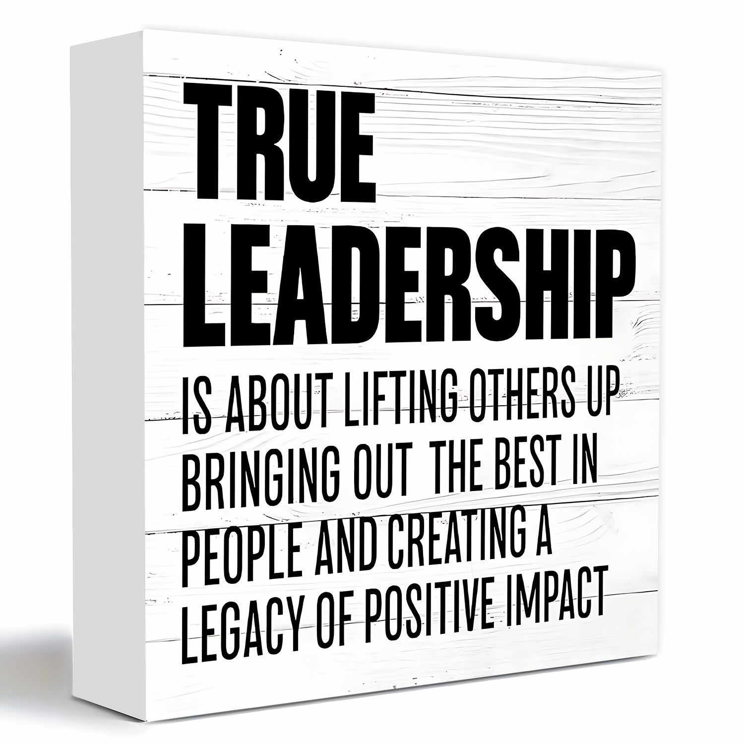 TEMU 2d Flat, 1pc Modern Minimalist White Wood Plaque "true Leadership Is About Up" - Square Tabletop Desk Decor Quote, Suitable For Home Office
