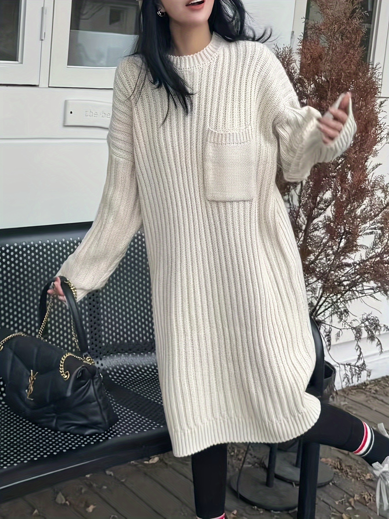 Women's Thick Sweater Dress with Pockets Round Neck Loose Fit  Silhouette, Knee-Length Winter Dress for Casual Semi-Formal Outfits,  Elegant