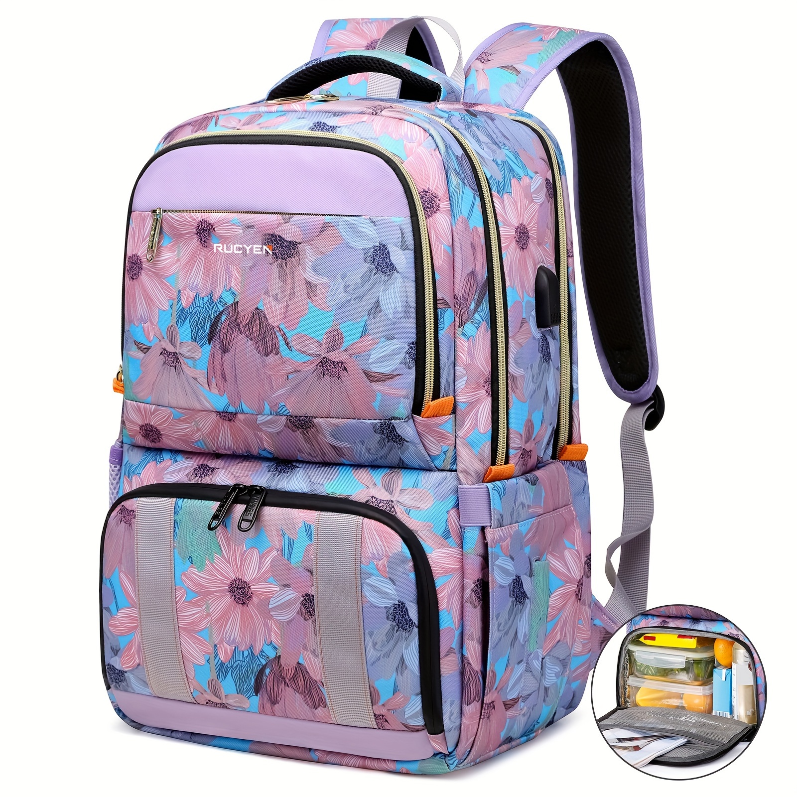 

Lunch Backpack, Insulated Cooler Backpack For Women Laptop Backpack With Usb Port, 15.6 Inch Laptop Waterproof Backpack Food Bag For Work Beach Camping Picnics Hiking Travel Pink Flower