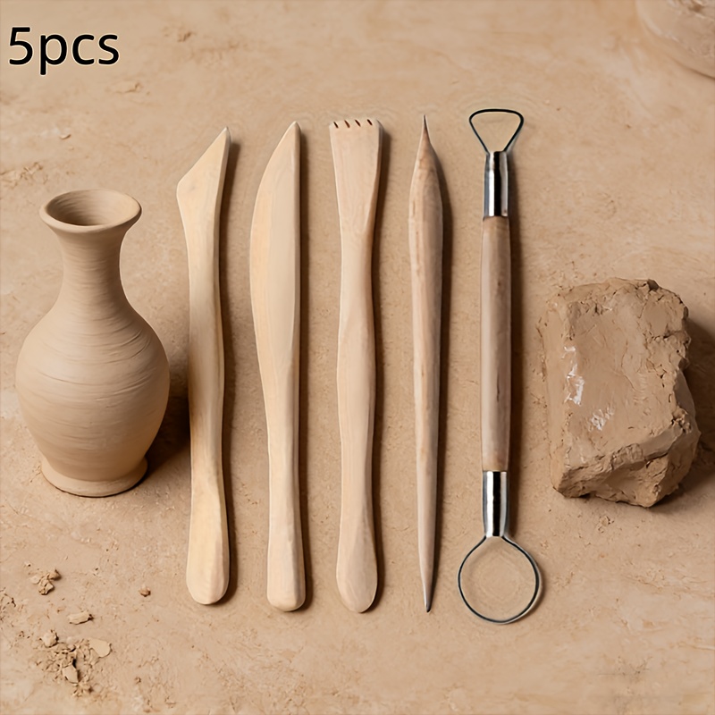 TEMU 5pcs Pottery Sculpting Tools Kit With Wood & Metal Clay Carving Tools - Heavy-duty Ergonomic Handle For Diy Ceramic Sculpting, Clay Modeling,