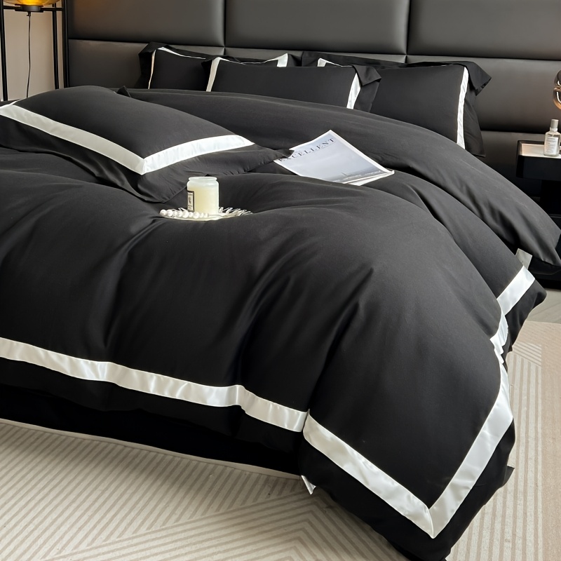 4pcs Elegant Black & White Quilted Bedding Set - Soft Polyester, Machine Washable, Zip Closure, All-Season Comfort, Perfect Gift for Luxury Home Decor, Machine Washable Comfort|Minimalist Aesthetic|Zippered Comforter