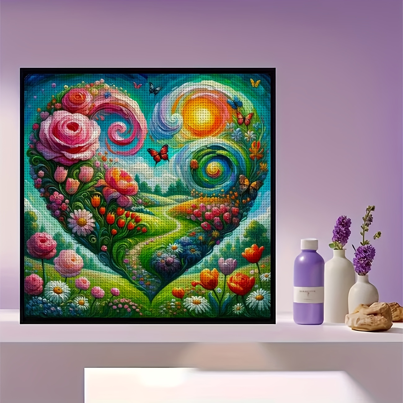 Printed DIY Cross Stitch Kit, Frameless, Heart-Shaped Floral Sea