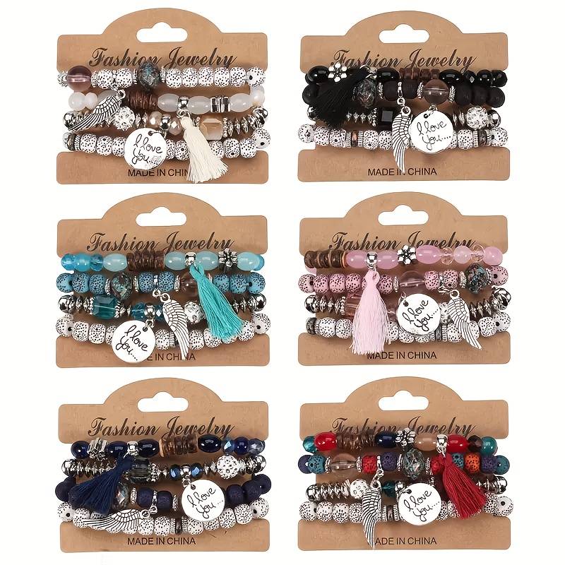 TEMU A Collection Of 24 Bohemian--shaped Wing Tassel Bracelets, Featuring Pink And Assorted Colored Beads, Perfect For Retro Valentine's Day And