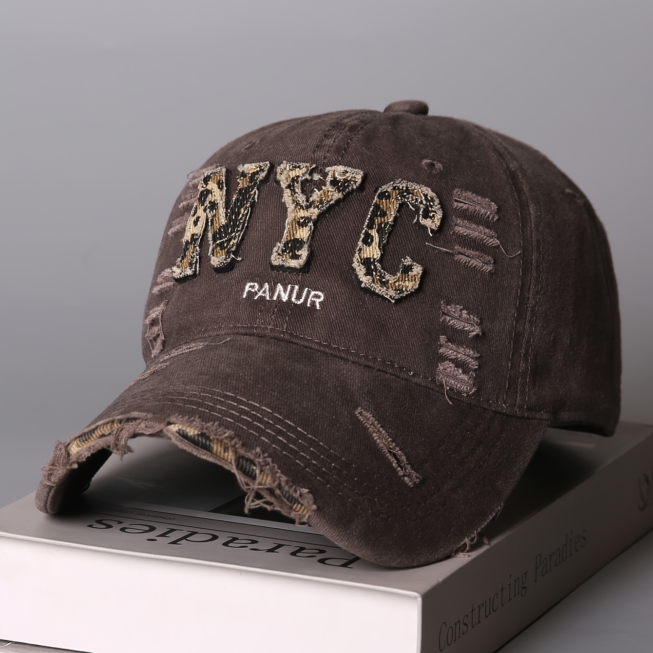 Image of 1pc Of Vintage Leopard Print Nyc Letter Embroidered Baseball Cap, Washed With Distressed And Frayed Edges, -style Cool Unisex Sun Hat, And A Fashionable, Hip-hop Casual Cap That