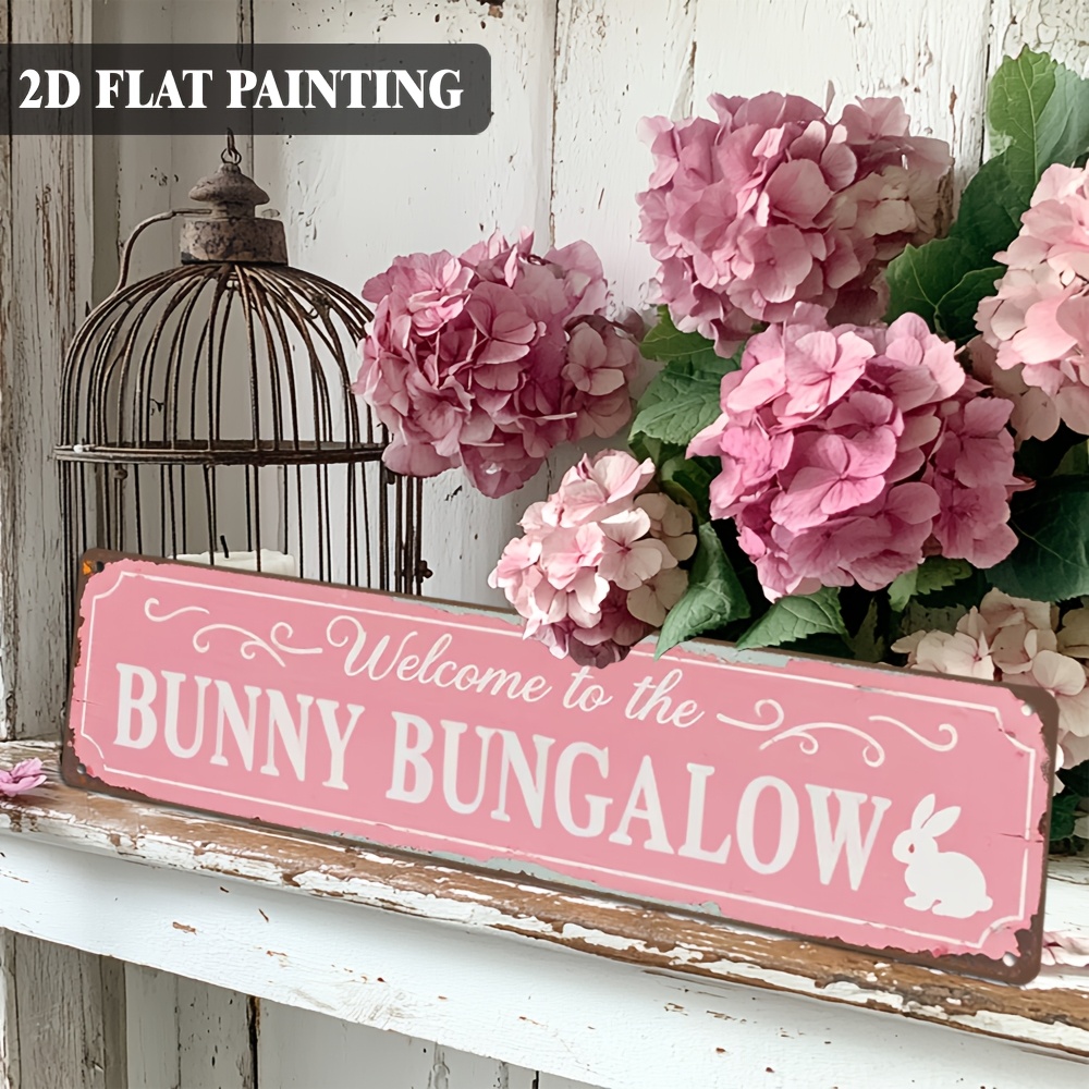 TEMU 2d Flat, 1pc Vintage Aluminum "welcome To The Bunny " Easter Sign - 40.64x10.16cm Bunny Wall Decor Suitable For Farmhouse, Kitchen, Cafe, Easter
