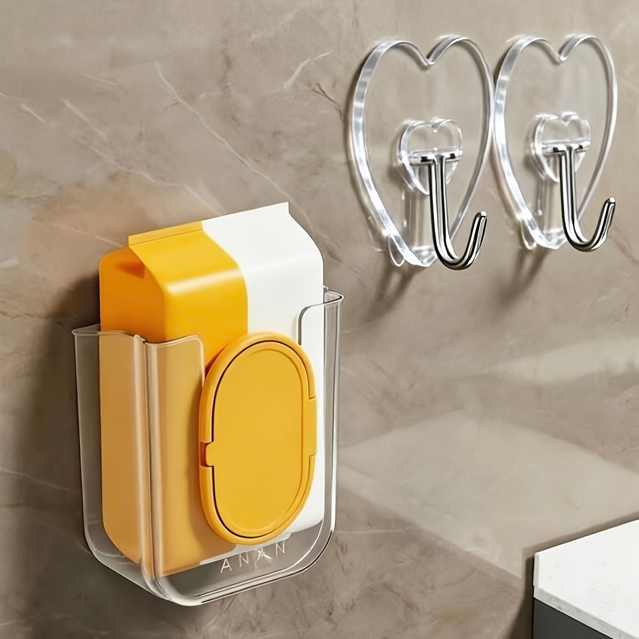 TEMU 3pcs: 2 Heart-shaped Hooks + 1 Wall-mounted Wet Wipe Holder With Self-adhesive Plastic Bracket, Featuring A Wide-opening Design And Strong