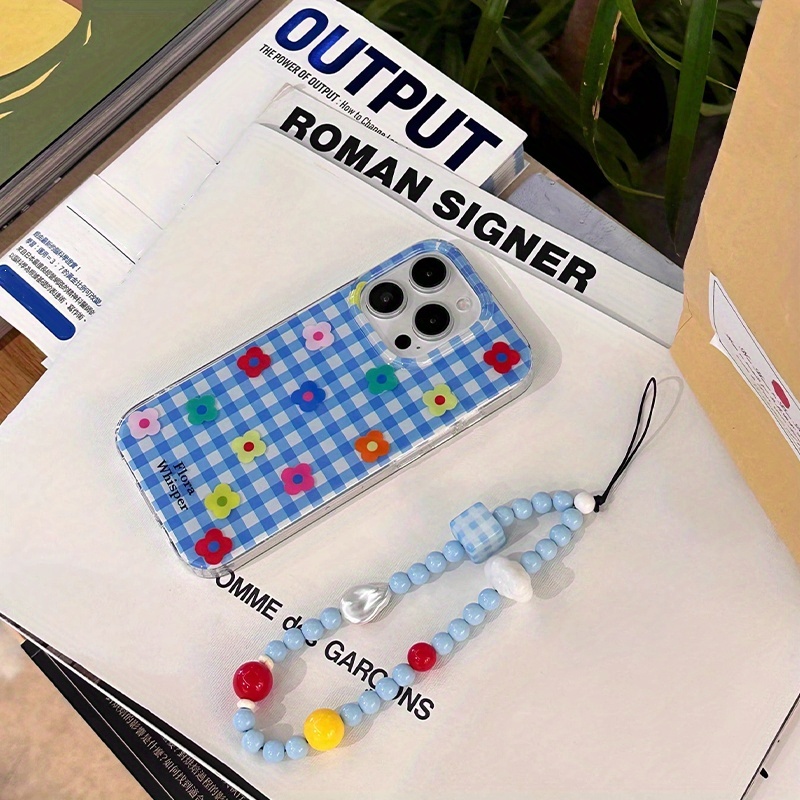 TEMU Phone Case: Crystal Transparent White Light Blue Grid Color Flower Phone Case With Chain For Iphone 11 12 13