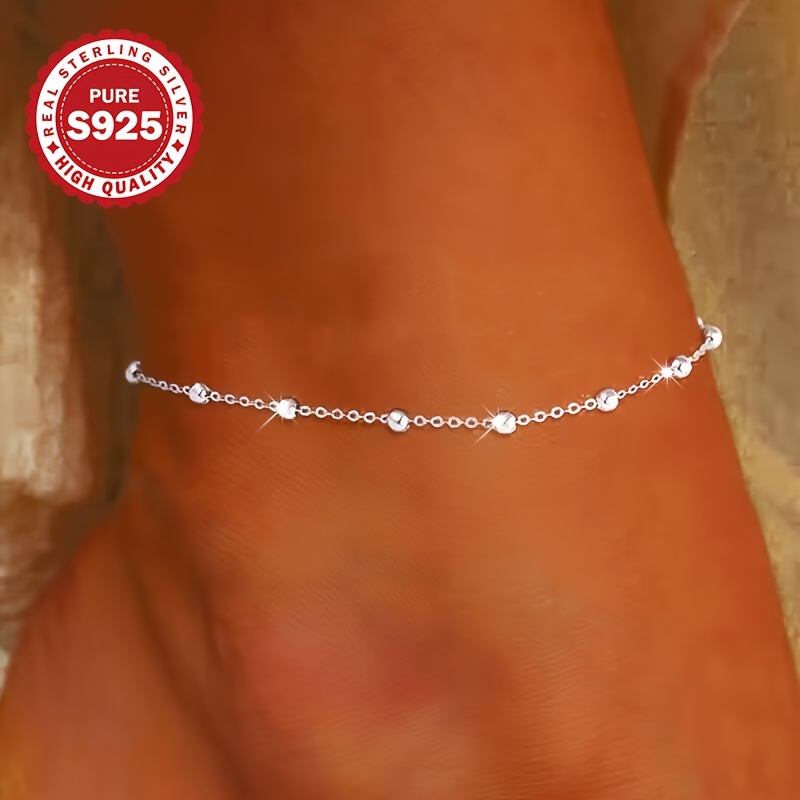 

Sterling Silver S925 Beaded Anklet, Elegant & Simple Style, Women's Hypoallergenic Beach Foot Jewelry, Vacation Fashion Anklet