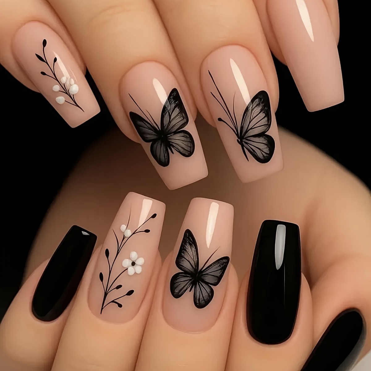 E-shop 24 Stück mittel-lange Ballett-Form Nägel mit Frühling/Sommer Schmetterling Blumenmuster Druck, glänzende Vollabdeckung Kunstnägel für Frauen,