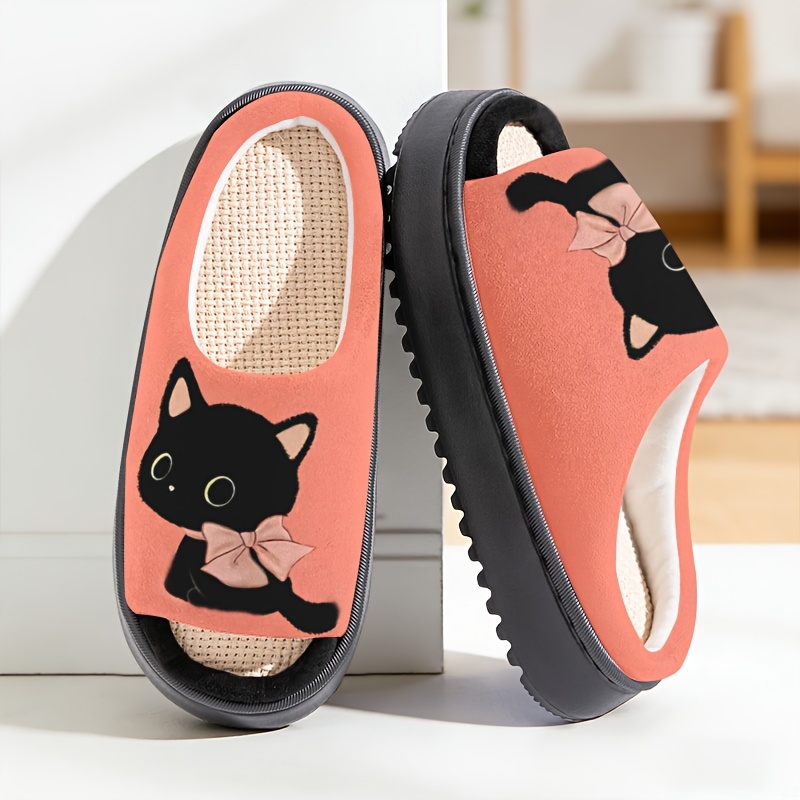 TEMU 【商品名】柔らかく肌に優しい、愛らしい黒猫のホームスリッパ。キュートなリボンが特徴で、通気性の良いリネン素材を使用。チャーミングな猫のプリントが施されており、男性にも女性にも適しています。レディースシューズ。