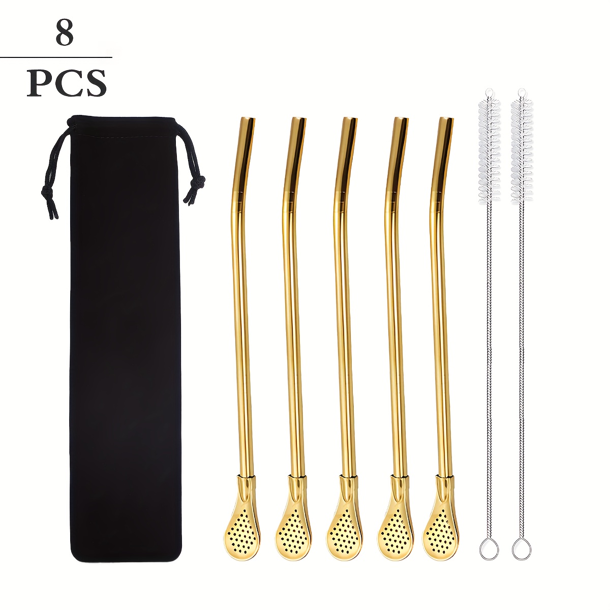 Image of 8pcs/13pcs Stainless Steel Strainer And Straw Set, Including Cleaning Brush And Storage Bag, Reusable, Suitable For Tea, Coffee, And Yerba Mate, Dishwasher Safe.