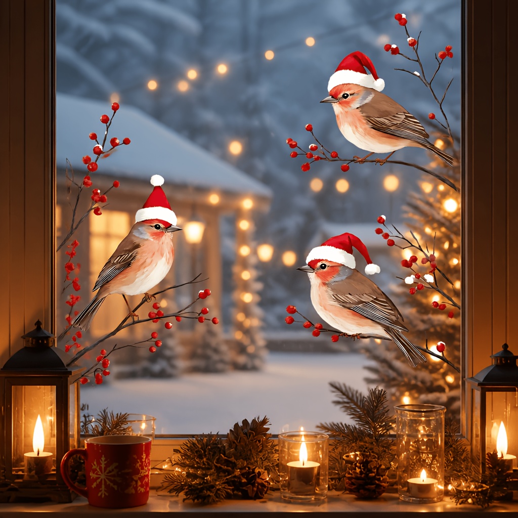 TEMU 1pc Christmas Hat Bird Window Decal, Christmas Decoration Theme, Branch Snowflake Decorative Wall Sticker, Suitable For Living Room, Bedroom,