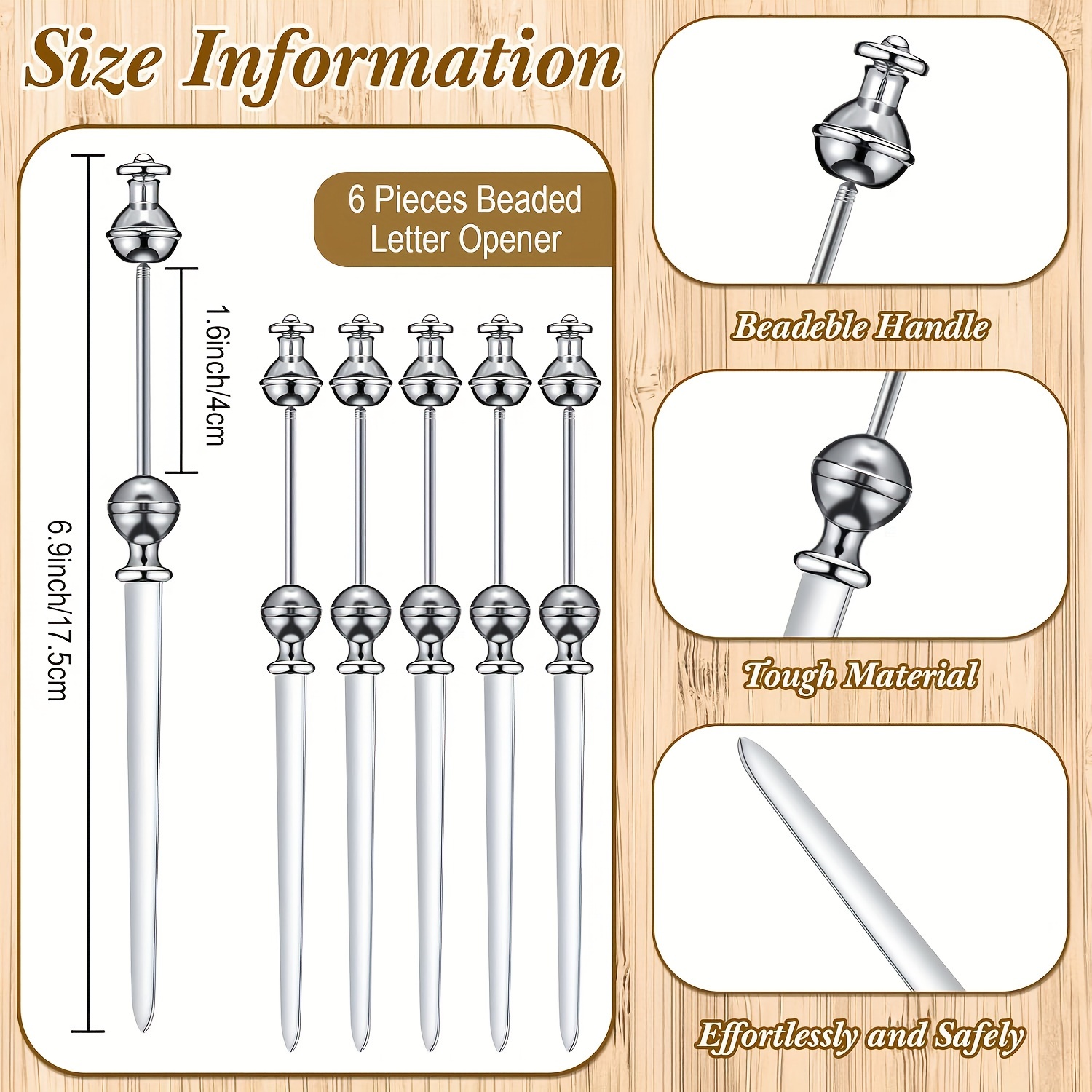 6pcs Stainless Beaded Letter Opener In Bulk With Round Handle For Home Crafts