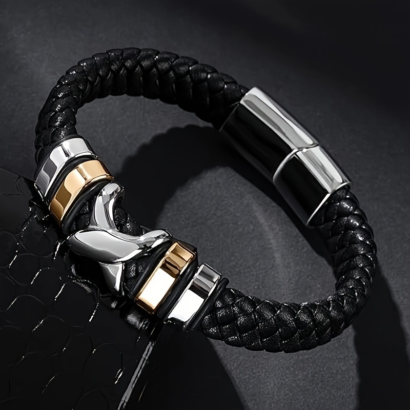 

Men'-style Braided Leather Bracelet With Stainless Steel Clasp - Silvery & Golden Options, Fashion Accessory Gift