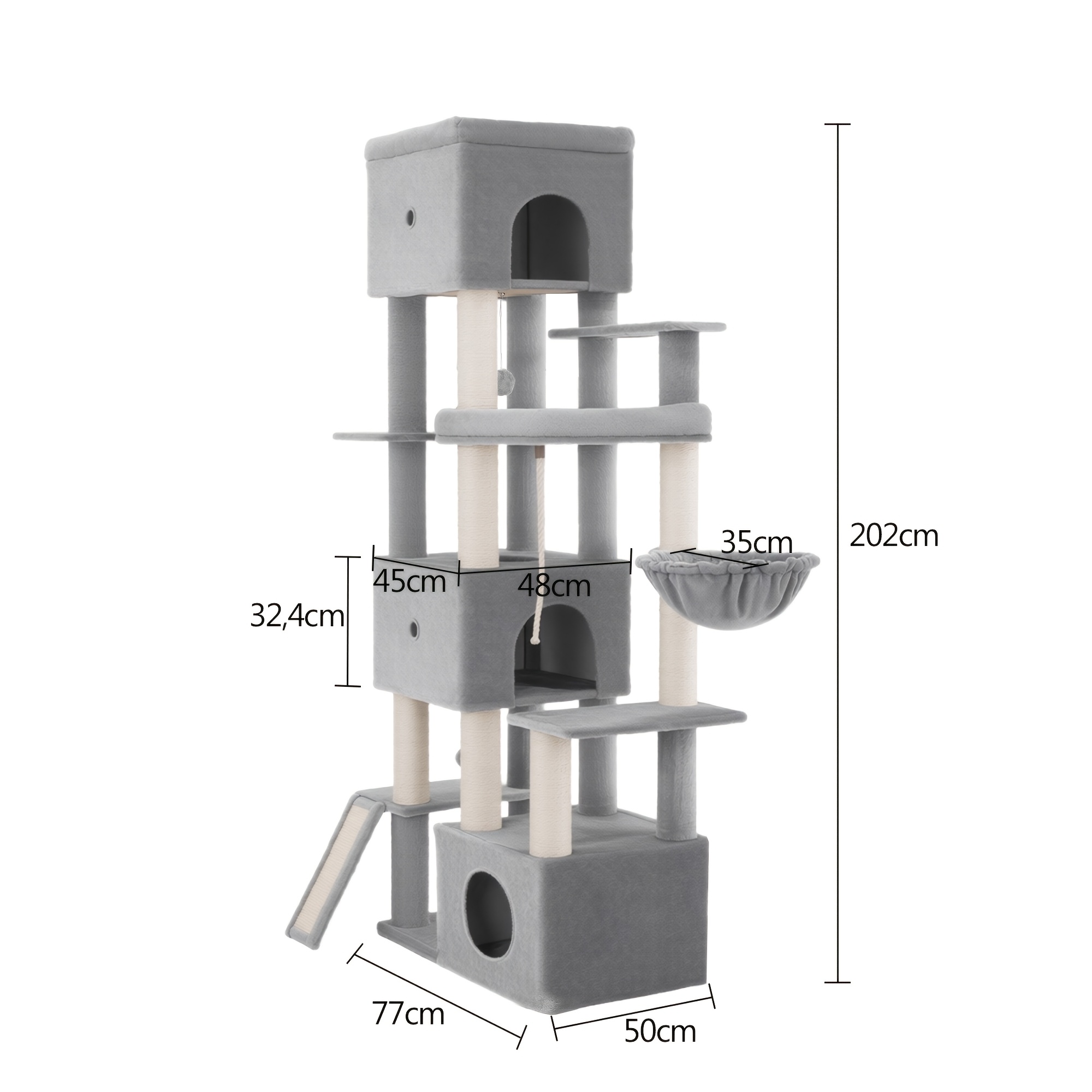 202cm Enormous Cat Tree, Suitable For Maine Coons, Cat's Aerial Paradise, Super Large Base, Stable Structure, 3 Large Cat Beds, Rich Scratching Functions
