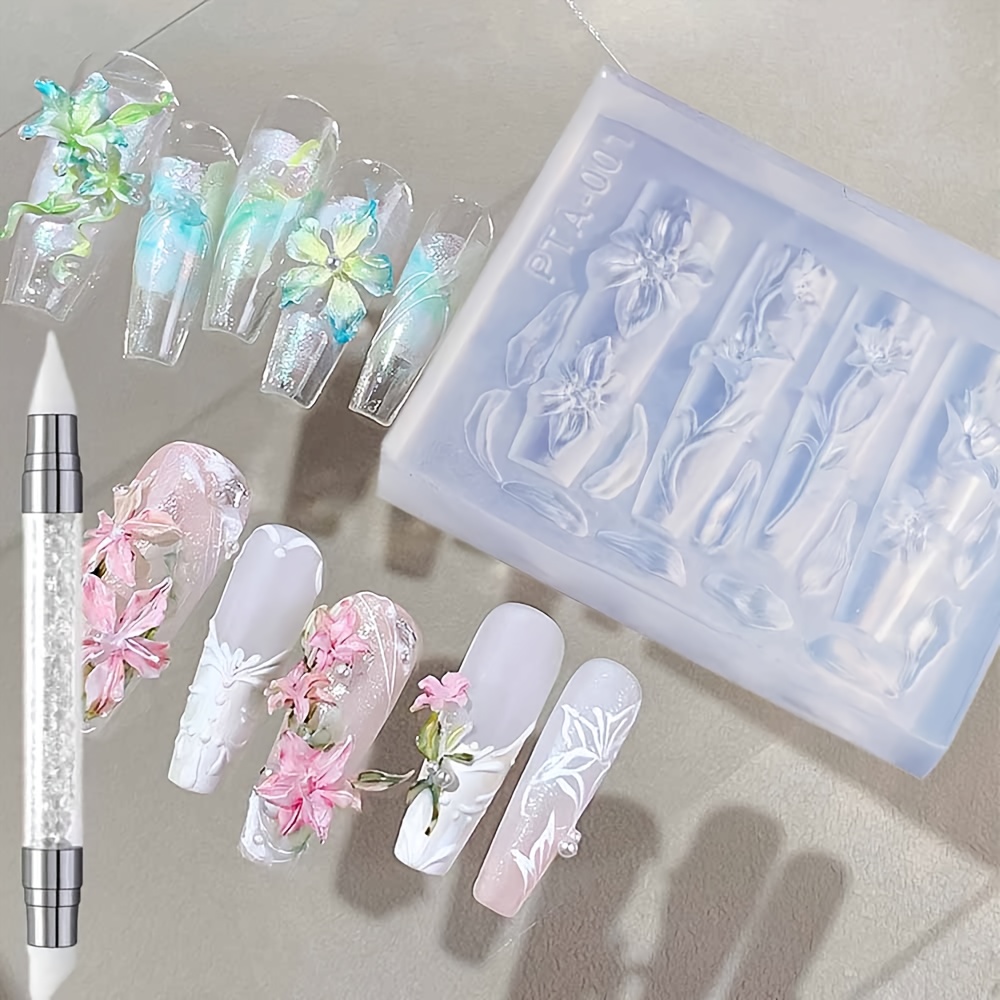 E-shop Silikonformen Set für Nagelkunst mit Lilienblumen-Ansteckern, komplett mit einem Schnitzstift. Diese wiederverwendbaren, transparenten Formen