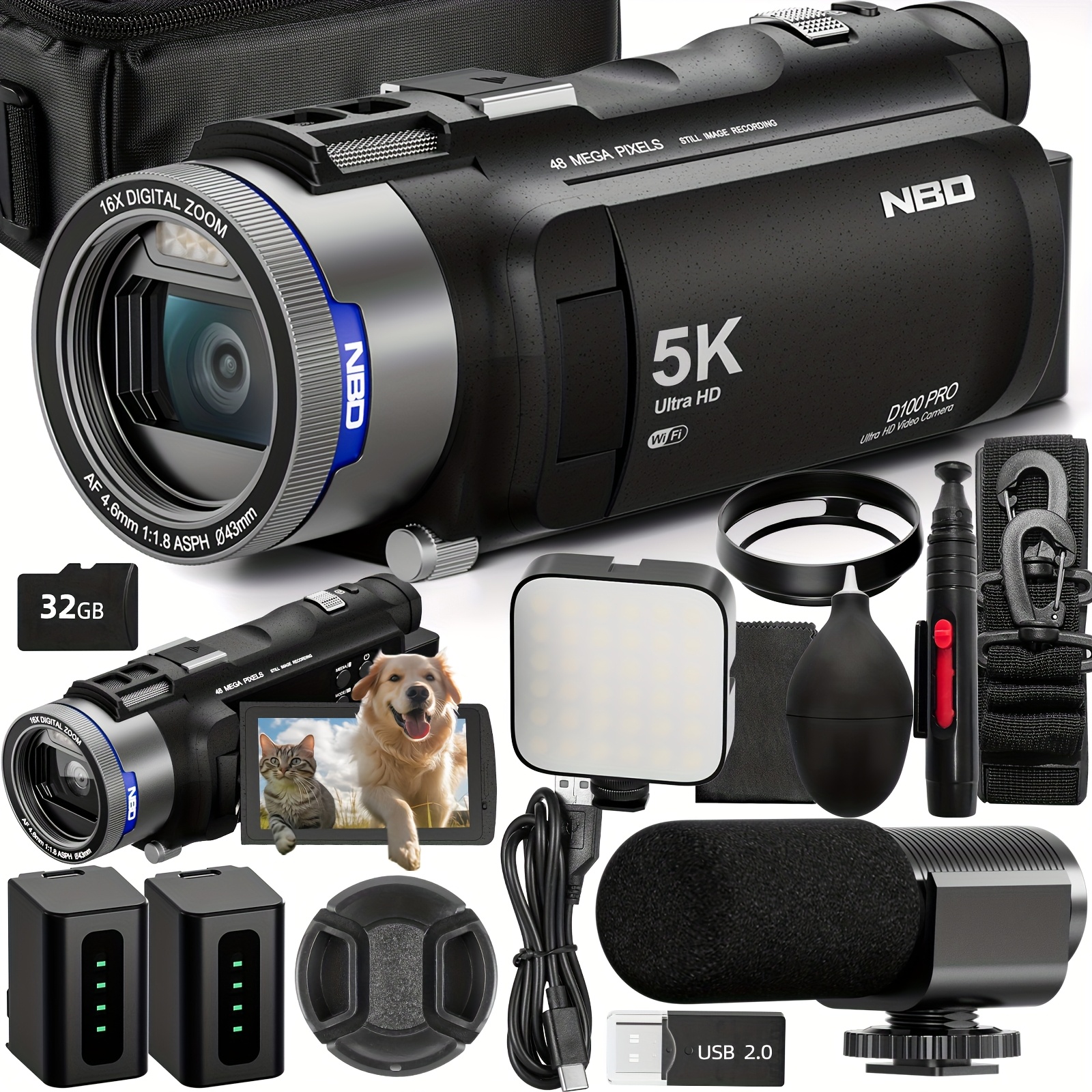 TEMU Nbd True 5k Video Camera Camcorder 48mp - Wifi, 16x Digital Zoom , With 3" 270° Ips Screen, 32gb Card, 2 Batteries & Mic, Vlogging Camera For