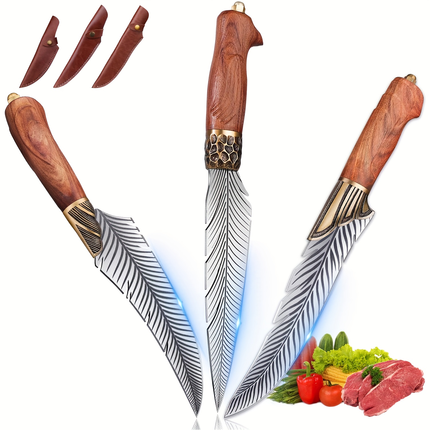 

3 Pcs Set Japanese Sharp Feather Butcher Boning Obsidian Knives With Sheath For Outdoor Camping Bbq Valentine's Day Gift