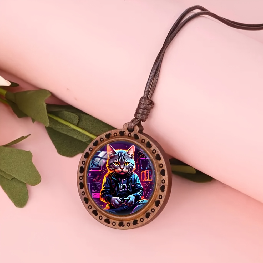 Wooden Cyber Cat Player Heart Necklace, Cute Gift