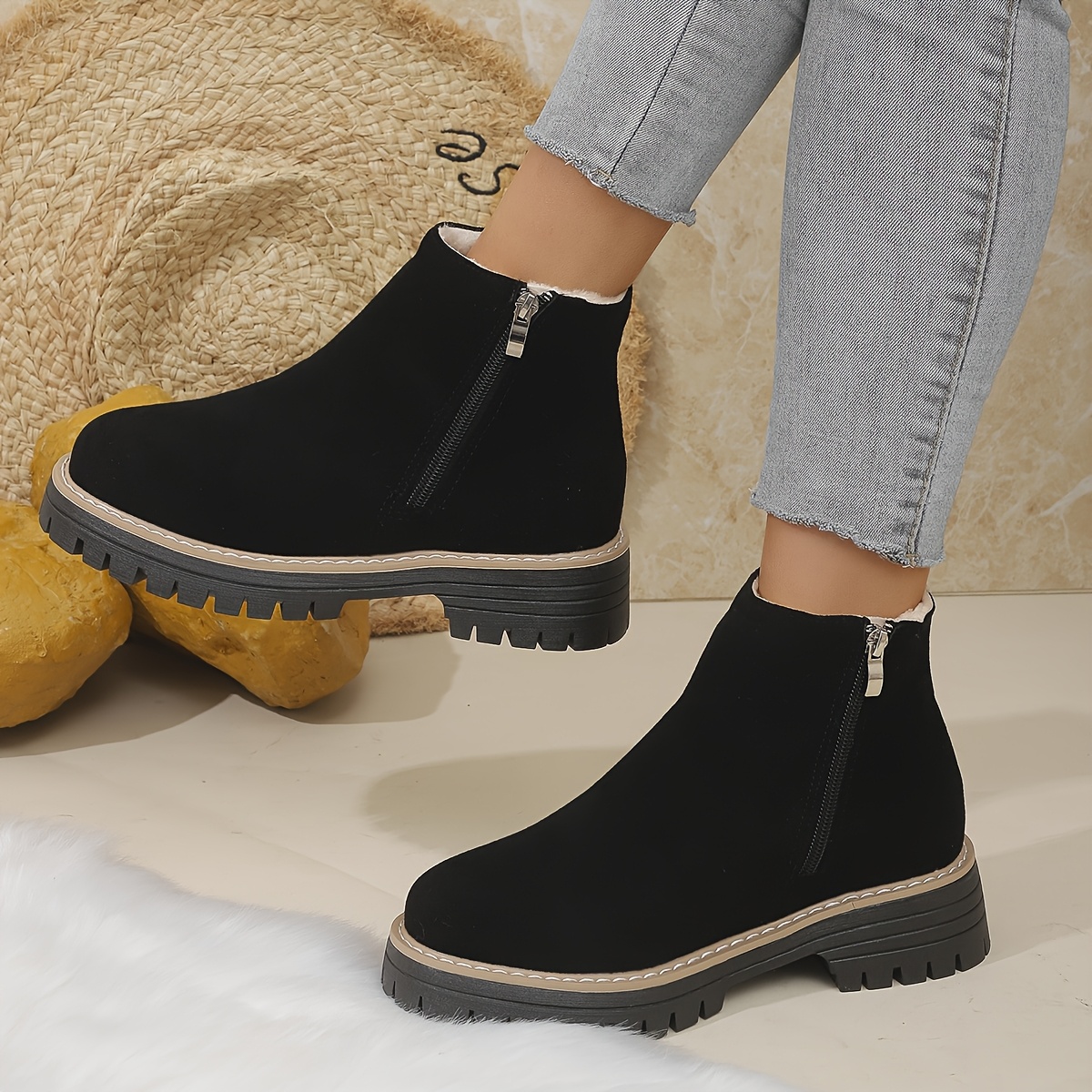 

Women's Suede Ankle Booties, Round Toe Fabric Lined Fashion Footwear With Dual Zipper, Comfortable Flat Sole, Warm And For Casual Sports