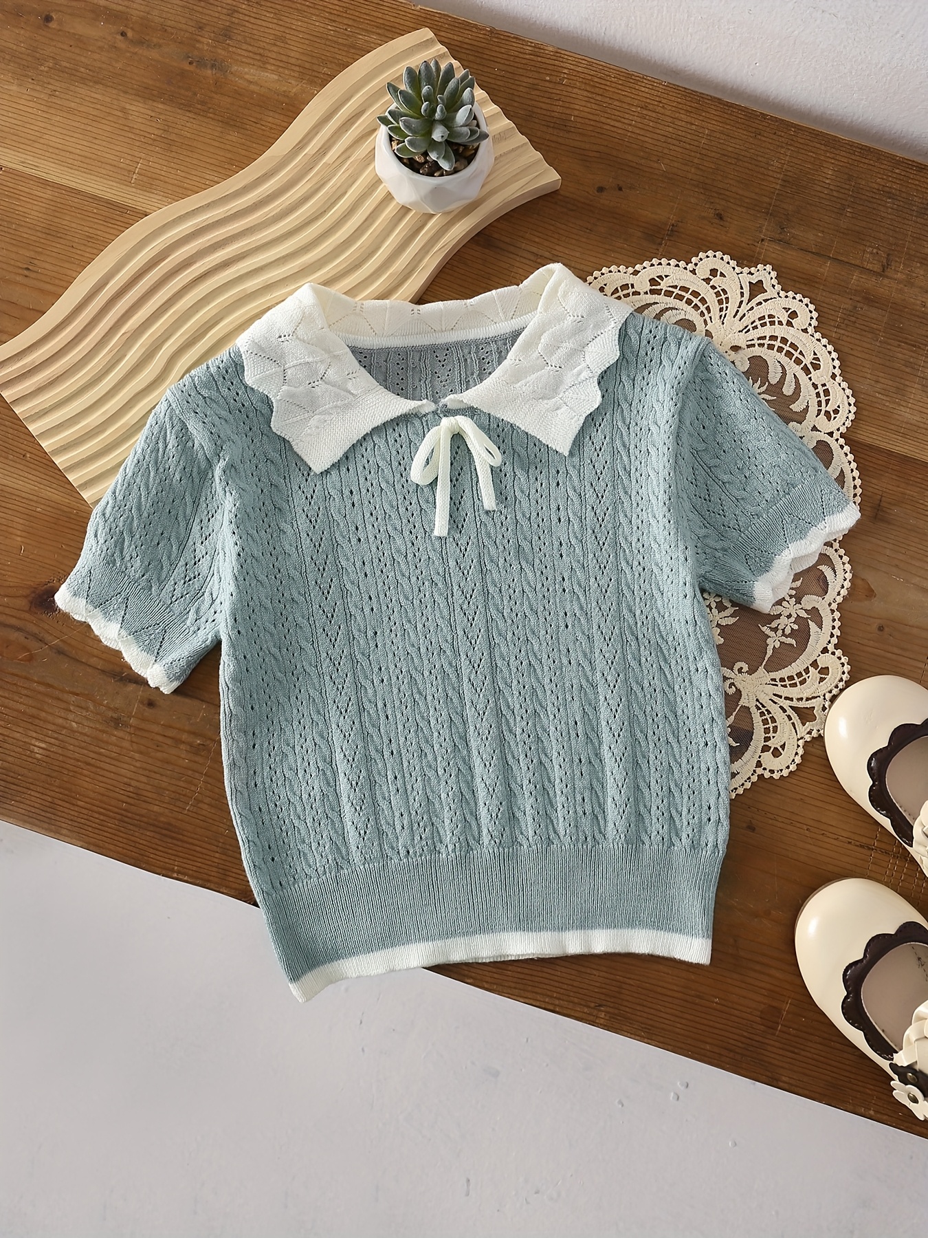 girls summer knit sweater lightweight short sleeve contrast Temu