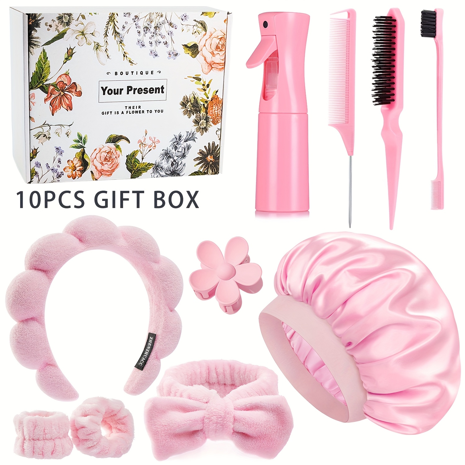Image of 10pcs Hair Styling Brush Makeup Styling Tools With 3pcs Detangler, Teasing, Rat Tail, Continuous Spray Bottle, Band Sleep Cap And Face Skincare Wash Headbands Wristbands Set With Flowers Claw Clips