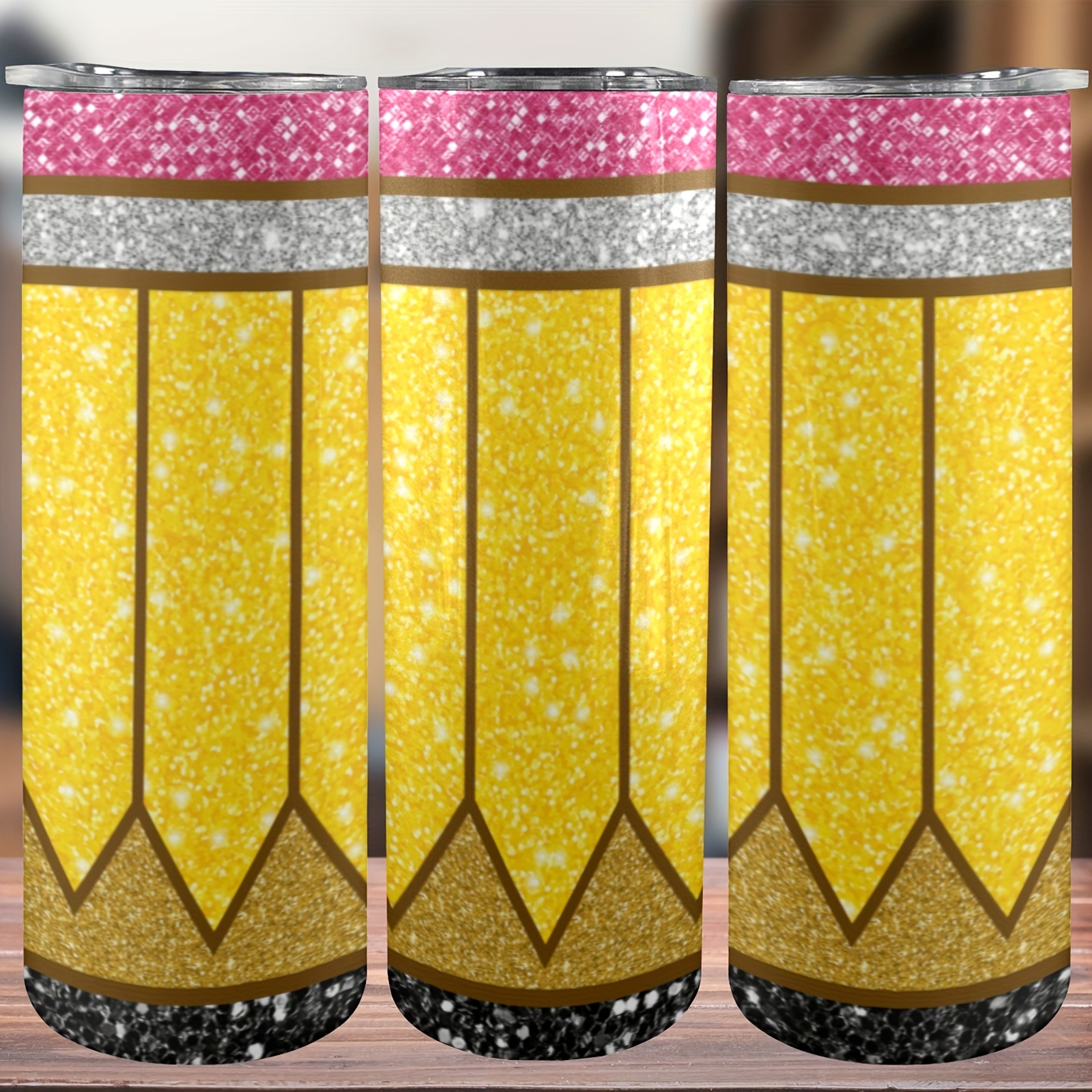 

1pc, Glitter Pencil Pattern Tumbler With Lid, 20oz Stainless Steel Water Bottle, Insulated Straight Water Cups, Summer Winter Drinkware, Outdoor Travel Accessories