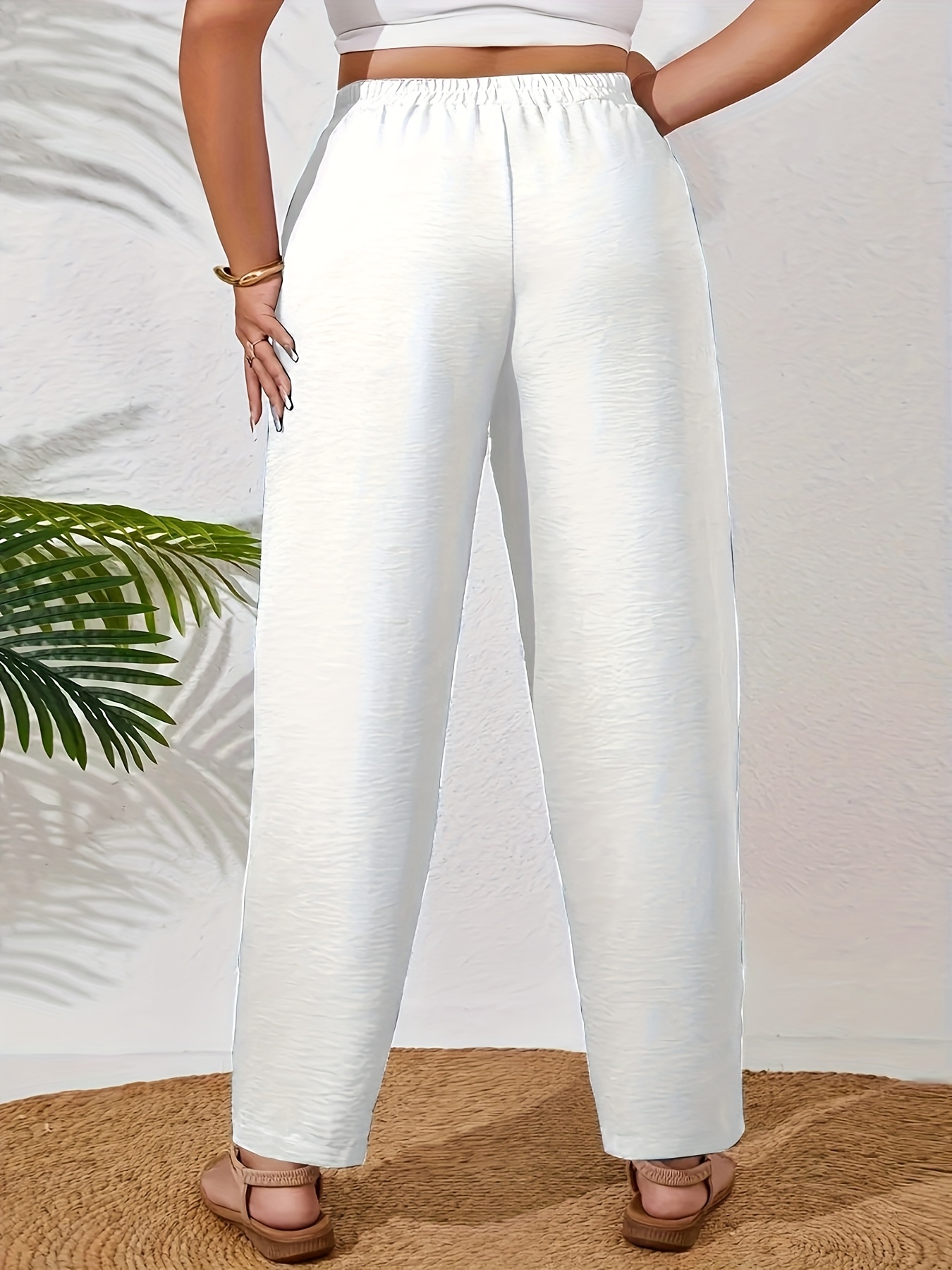 Plus Size - Women'S Plus Size Elegant Solid Color Wide-Leg Pants - Non-Stretch Fabric, All-Season Casual Trousers with Pockets, Brown, Comfortable Footwear, Stylish Accessory, Durable Fabric