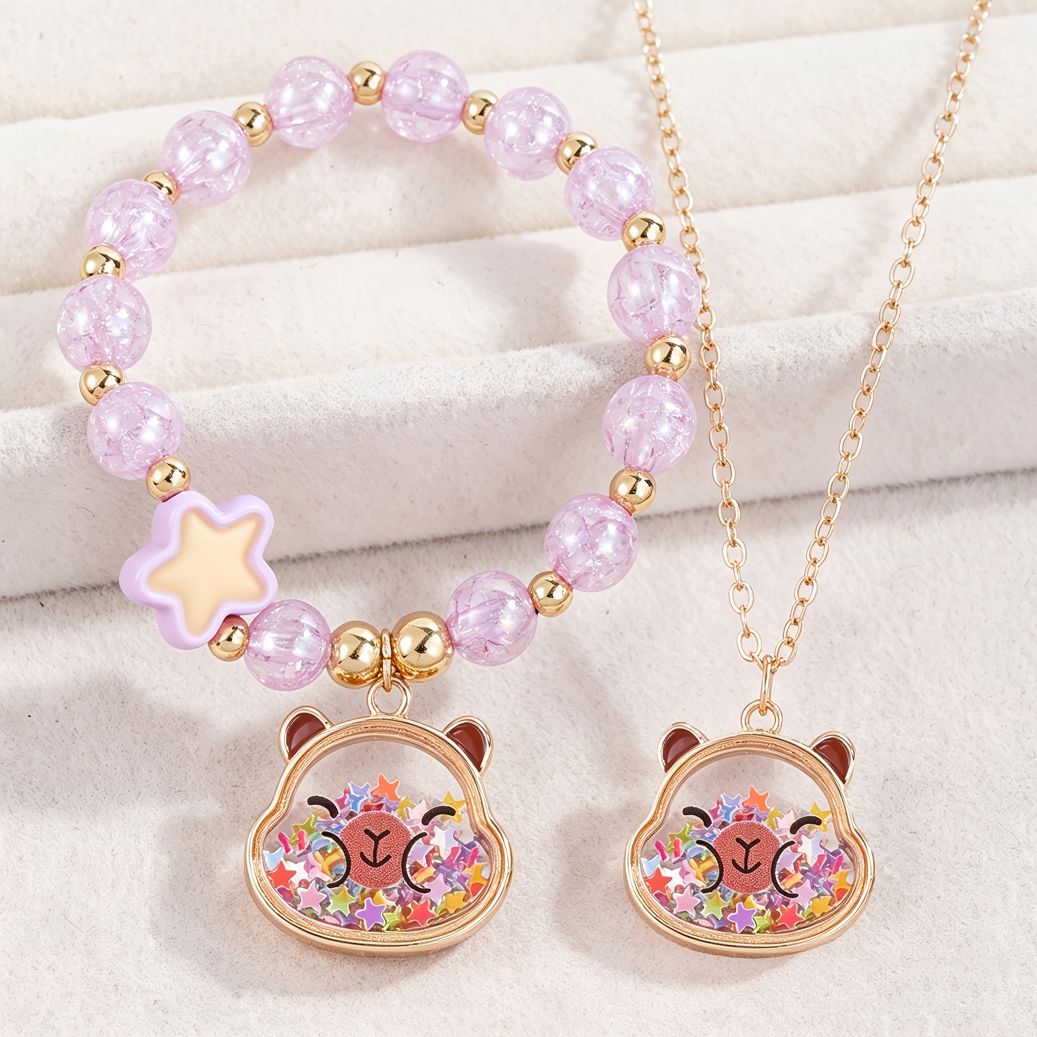 TEMU Ensemble de bijoux Capybara 2 pièces pour filles, collier avec pendentif de sequins d'étoile, ensemble bracelet, cadeau de fête d' créatif et