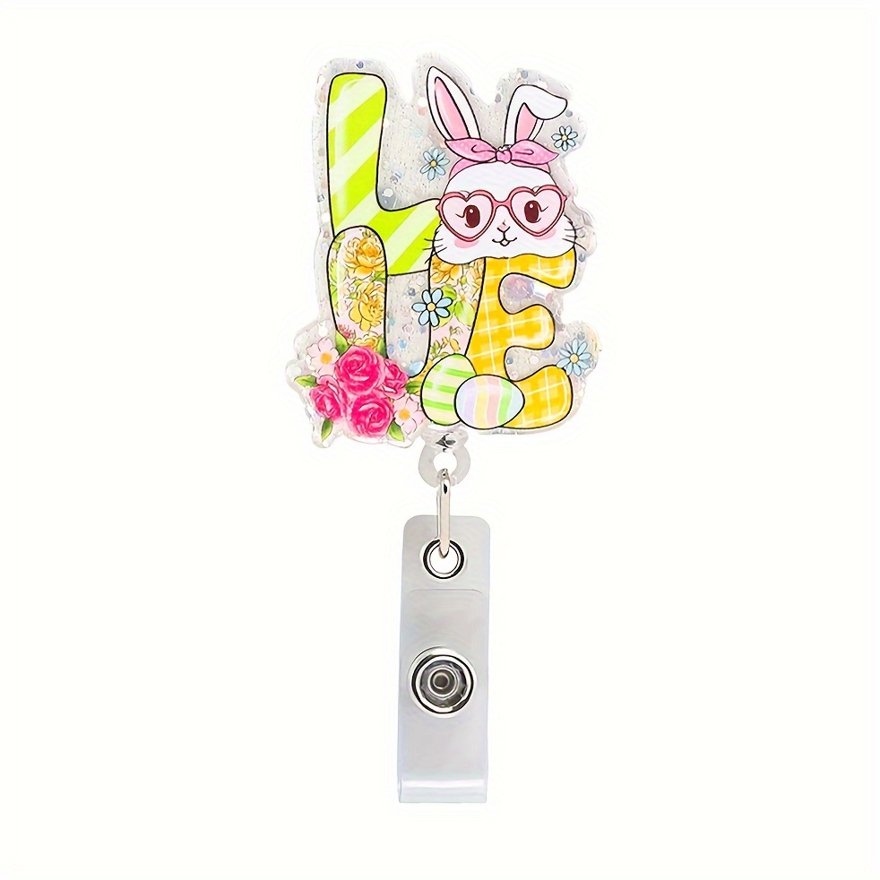 Easter Badge Reels Acrylic Retractable Nurse Badge Holder With Alligator Clip Glitter Bunny Peep Carrot Egg Cute Badge Reels ID Badge Clips For