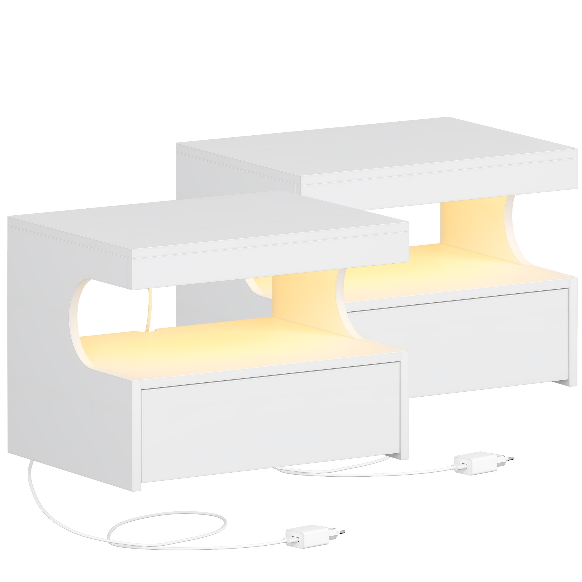 Hanging Bedside Table, Set Of 2, Floating Wall Shelf With Led, 1 Drawer With Rails, Bedside Tables With , Modern, For Bedroom, Living Room, 30 X 40 X 29.2 Cm, White
