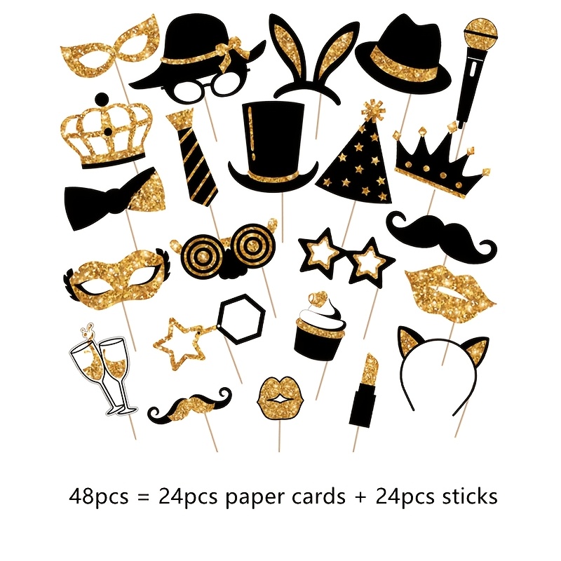 TEMU Kit de 48 accessoires de noir et doré, accessoires de selfie pour fête en papier, ajouts décoratifs pour fête d'anniversaire, du An, enterrement