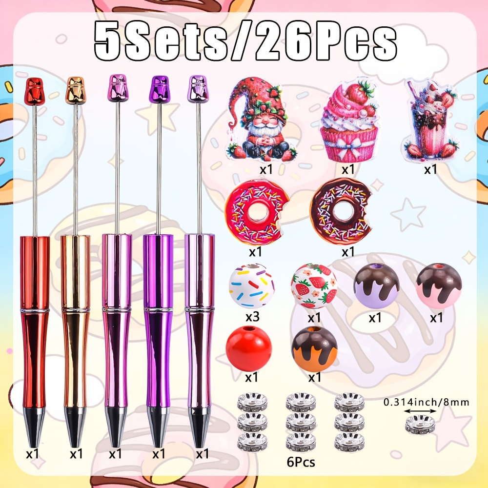 TEMU 5 Sets de Kit de Stylo à Perles en Bois de Beignet, Gâteau et Conique, Kit de Fabrication de Stylos Ronds de 1 mm, Accessoires d'Écriture pour