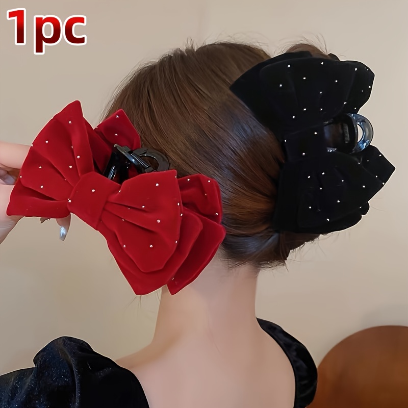 1pc elegant velour bow hair clip with   rhinestones large     clip for women secure hold updo hairstyle accessory for parties weddings daily wear red black hair claw clips formal event hairpiece bridal hairpiece