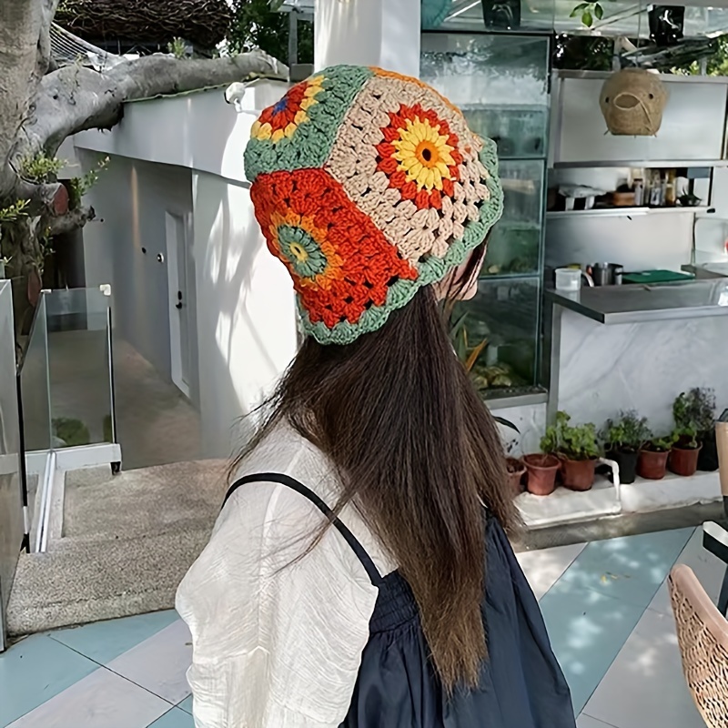 Candy Color Flower Crochet Bucket Hat Color Block Hollow - Temu
