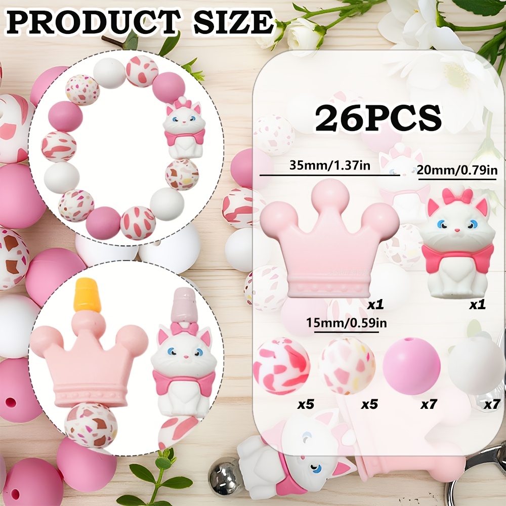 TEMU 26pcs Silicone Beads, 3d Pink Crown Kitten Animal Theme, Suitable For Making Jewelry Accessories, Used For Diy Kits Such As Earrings, Necklaces,